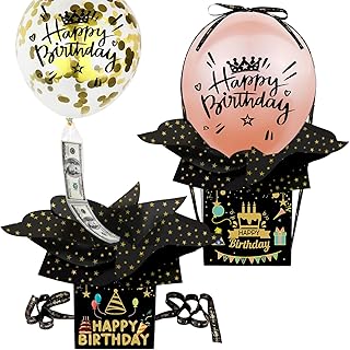 YAZOHFEY 2 PCS Money Pull Box for Cash Gift, Funny Pull Money Balloon Box Happy Birthday Surprise Set with 15 Happy Birthday Balloonsï¼ŒUnique Birthday Surprise Gift Box for Wifeã€Friend.(Gold Glitter)