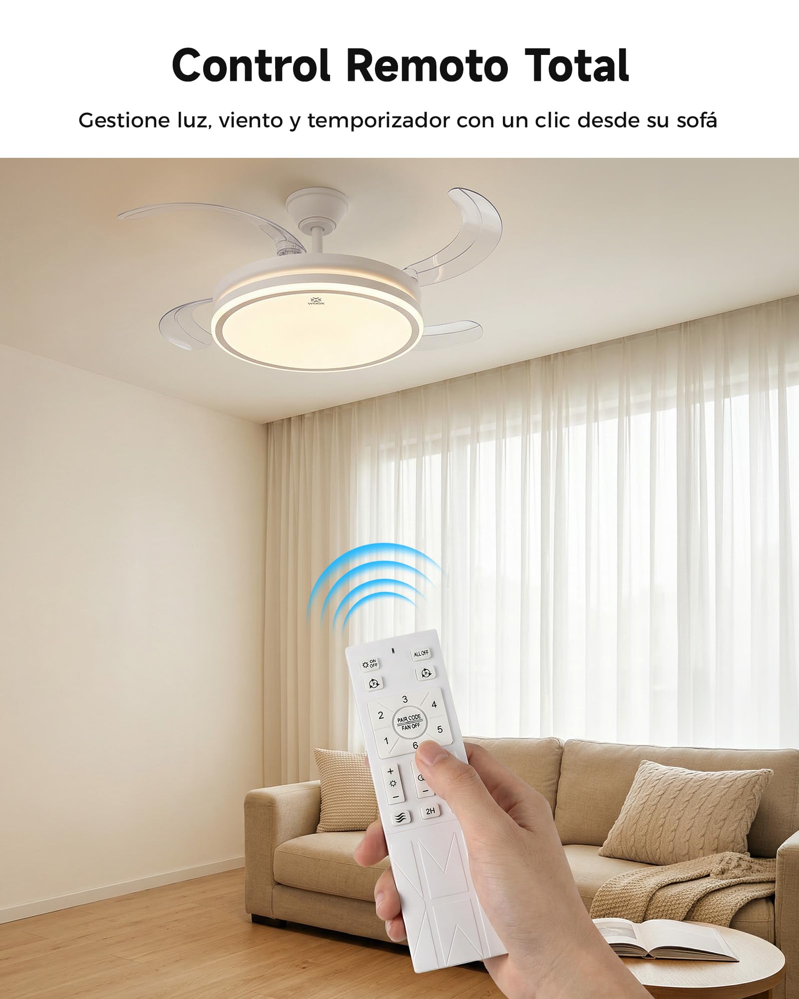 Woox Ventilador de Techo con Luz, 30W Motor DC + 50W Luz con Brillo y CCT Regulable sin Escalonamiento, Ventilador Retráctil de 4 Aspas, 6 Velocidades, con Control Remoto Funcion Verano e Invierno