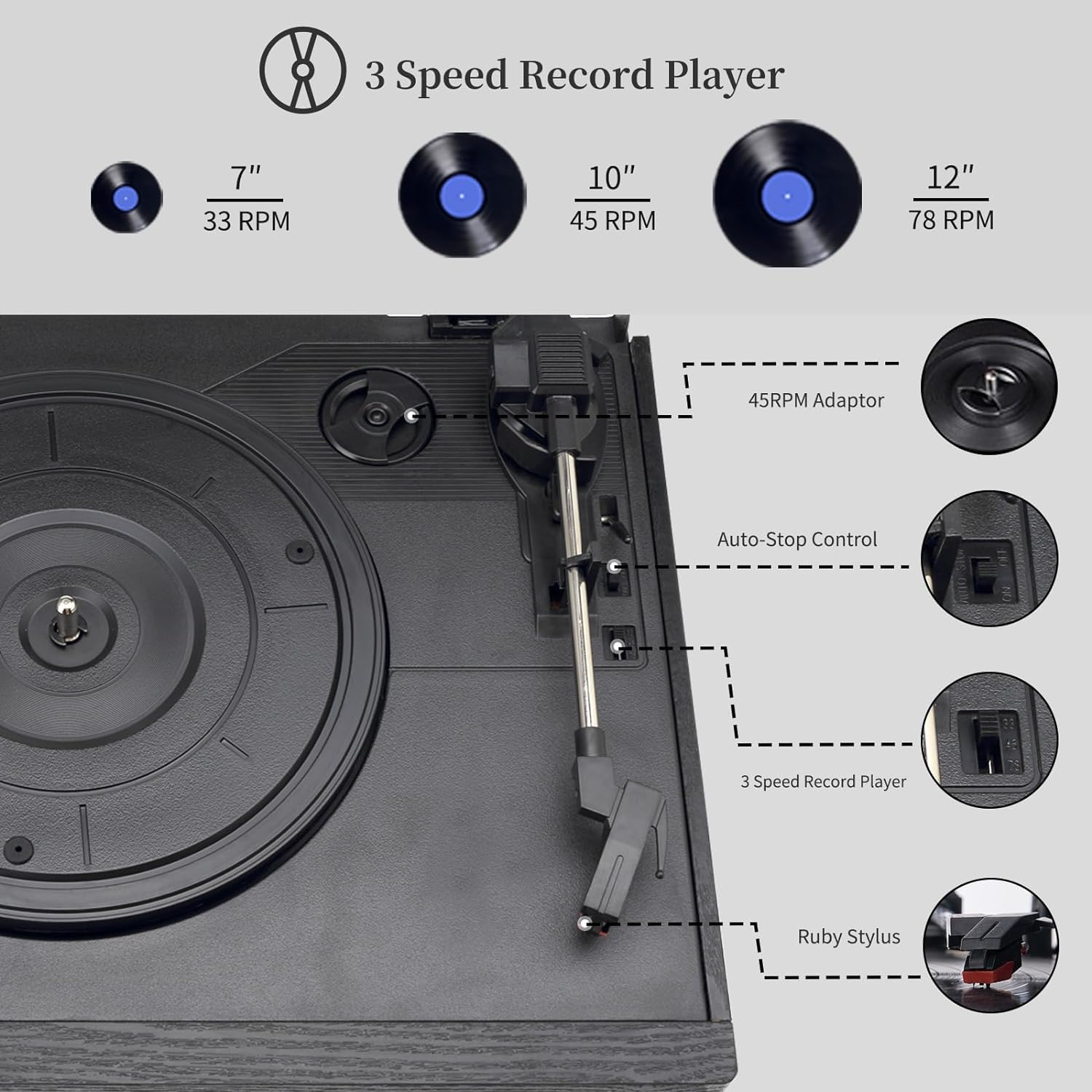 Fonografo vintage multifunzionale versatile Giradischi in vinile regolabile a 3 velocità con giradischi Cassetta CD Radio FM/AM Durata, Efficienza