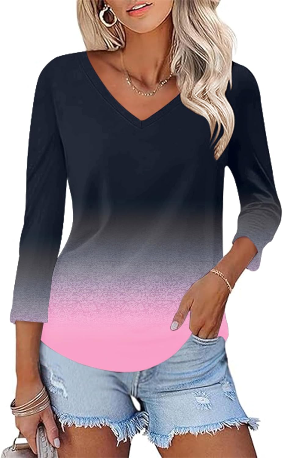 KTILG Women's V Neck T Shirts 3/4 Sleeve Blouse Summer Tops Dressy Casual Solid Basic Tees