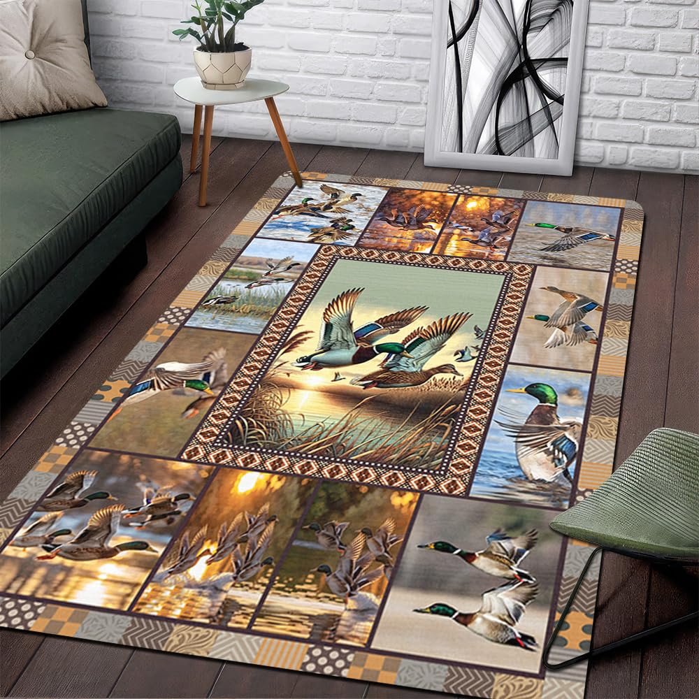 Mallard Duck Hunting Rug, Wild Duck Hunting Hunter Area Rug, Picture Duck Flying Carpet, Duck Hunting Bathroom Rugs for Boy Girl Living Room Duck