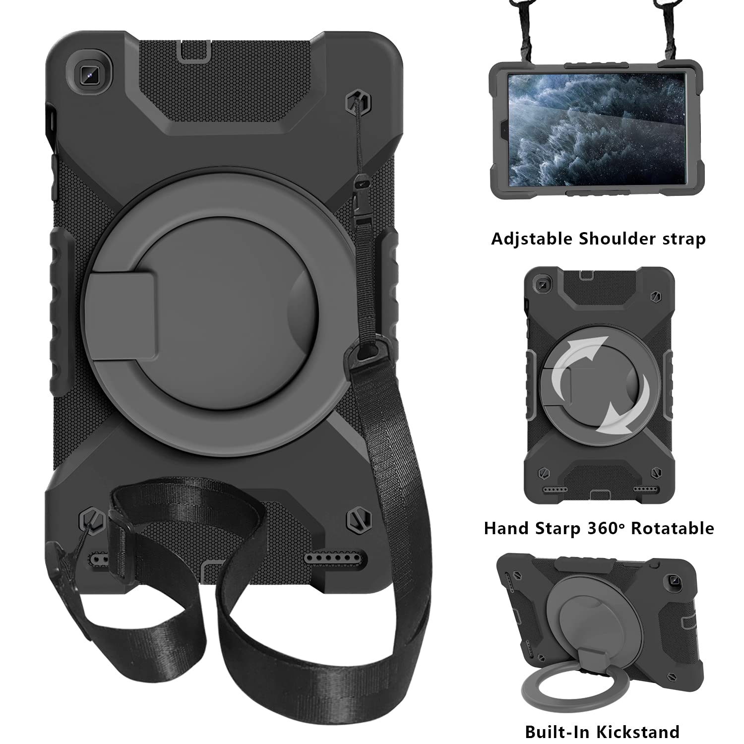 Compatibile con Samsung Galaxy Tab A 10.1 modello 2019 SM-T510 / T515, resistente custodia per tablet con supporto e manico girevoli a 360°, tracolla staccabile (design adatto ai bambini) (nero grigio