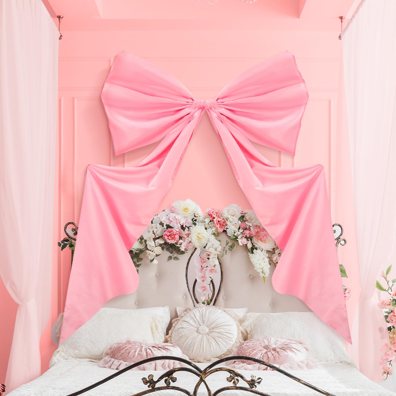 Big Bow Decor 39 x 72 Inch Giant Bow Wall Decor for Room Backdrop Large Ribbon Tie for Coquette Party Birthday Baby Shower Wedding Halloween Christmas Party Supplies(Pink,Polyester)