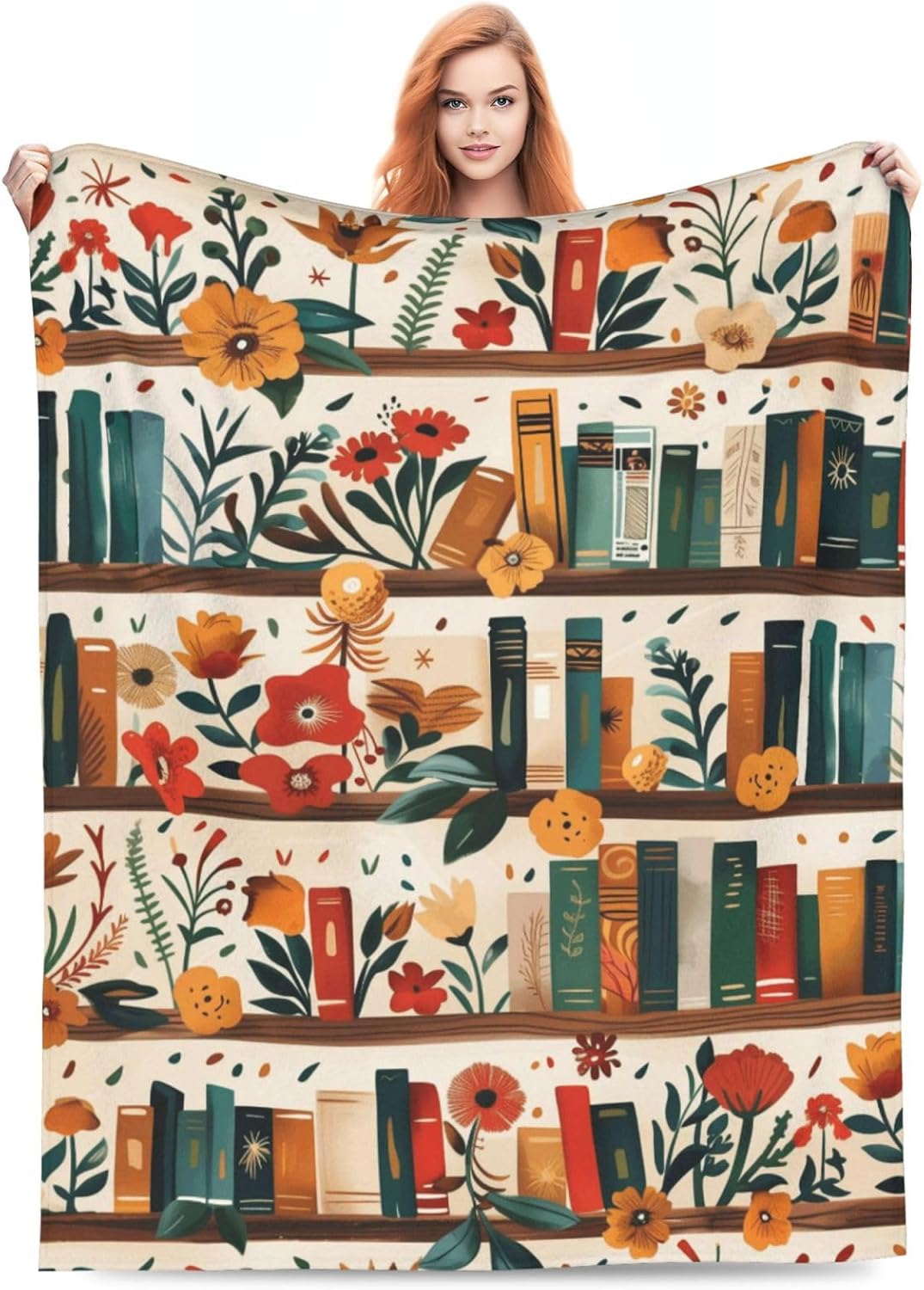 Book Lover Blanket for Women, Cozy Bookshelf with Flowers Throw Blankets Soft Lightweight Flannel Throws for Bed Sofa Home Decor, Gifts for Girls Kids, 50x60in