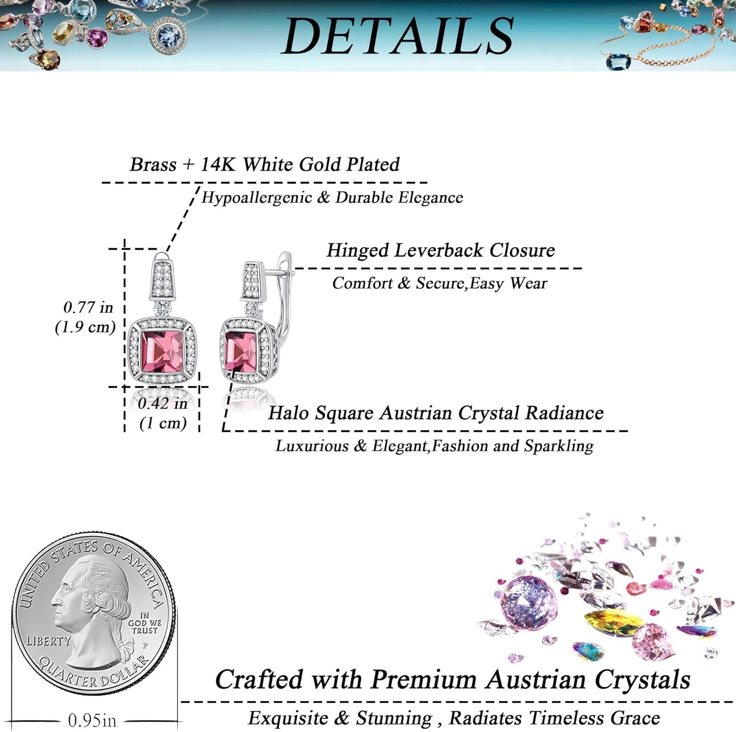 EVEVIC Square Austrian Crystal Earrings Halo Leverback Drop 14k White Gold Plated Earrings for Women Hypoallergenic Jewelry Gift - Image 5