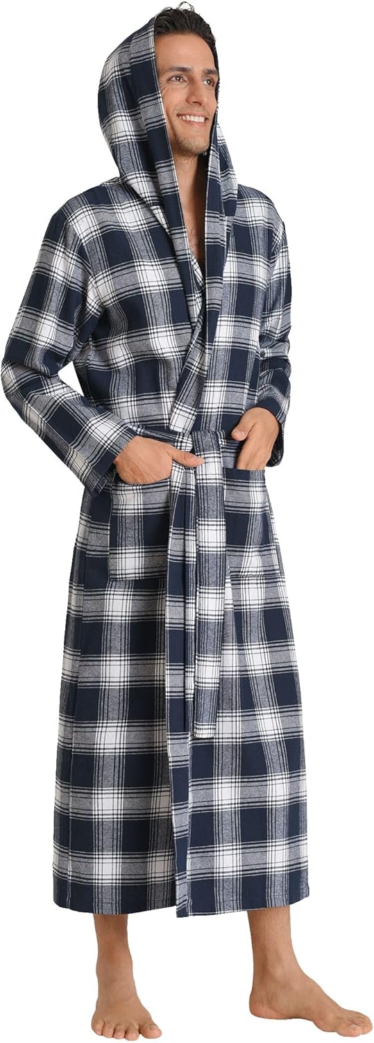 Latuza Men's Cotton Flannel Robe Long Hooded Bathrobe
