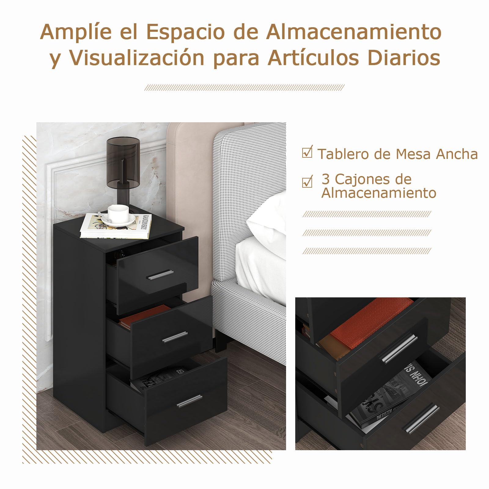 COSTWAY 1 Mesita de Noche con 3 Cajones, Mesilla de Noche de Madera, Archivador con Cajones, Salon Dormitorio Oficina, 37 x 34 x 66,5 cm, Negro