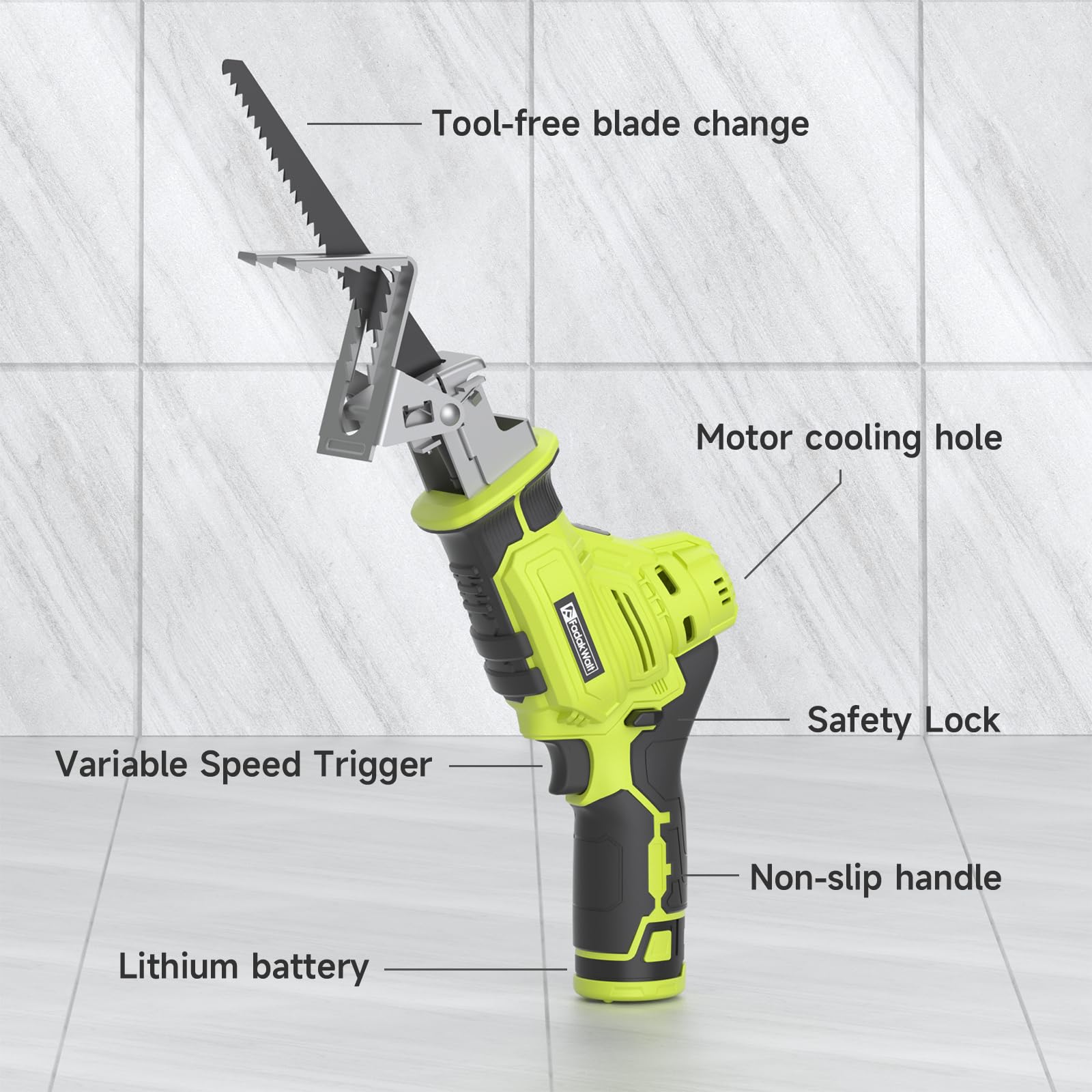 Scie Sabre Sans Fil,FADAKWALT 12V Scie Egoîne Electrique sans Fil Vitesse Variable 0-2700RPM,vert scie sabre sans fil avec batterie 2 * 2.0Ah&Chargeur,4 Lame Idéal pour Coupe de Bois,Branches,Métal