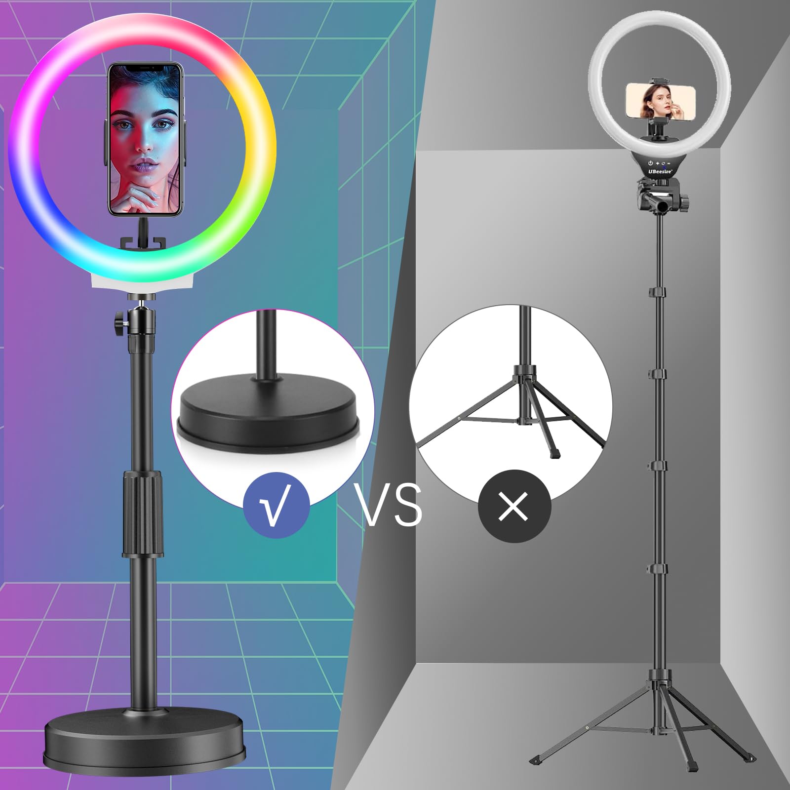 PEYOU Anello luminoso con supporto e supporto per telefono, desktop dimmerabile da 10" 【RGB e LED】 Luce circolare per riunioni Zoom/streaming live/video/YouTube/Tiktok/Vlog