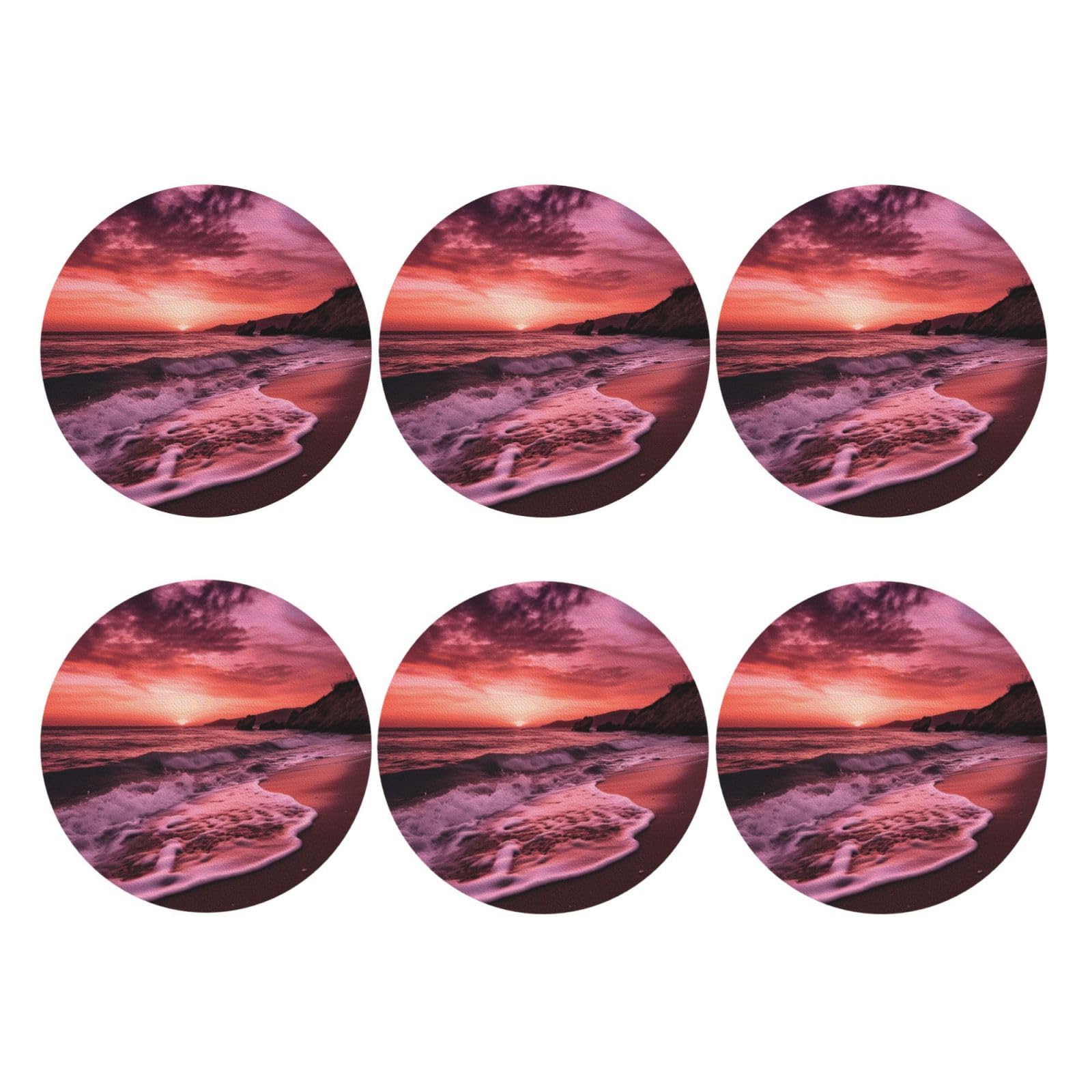 6pcs Leather Coasters for Drinks, Beach Sunset Drink Coasters for Tabletop Protection, 4" Cup Coasters for Coffee Table Decor, Non-Slip Drinking Cup Mat for Hot Or Cold Drink