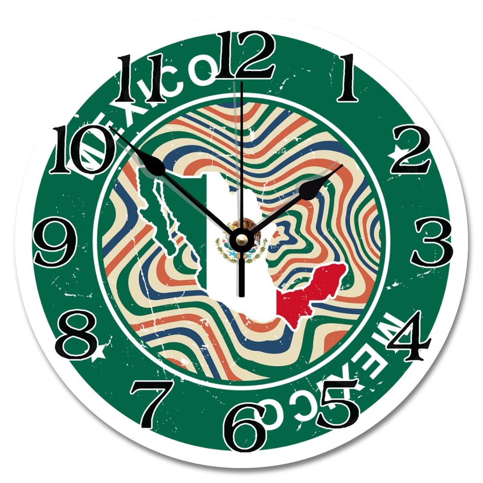 Horloge murale drapeau Mexique rétro colorée de 30,5 cm silencieuse
