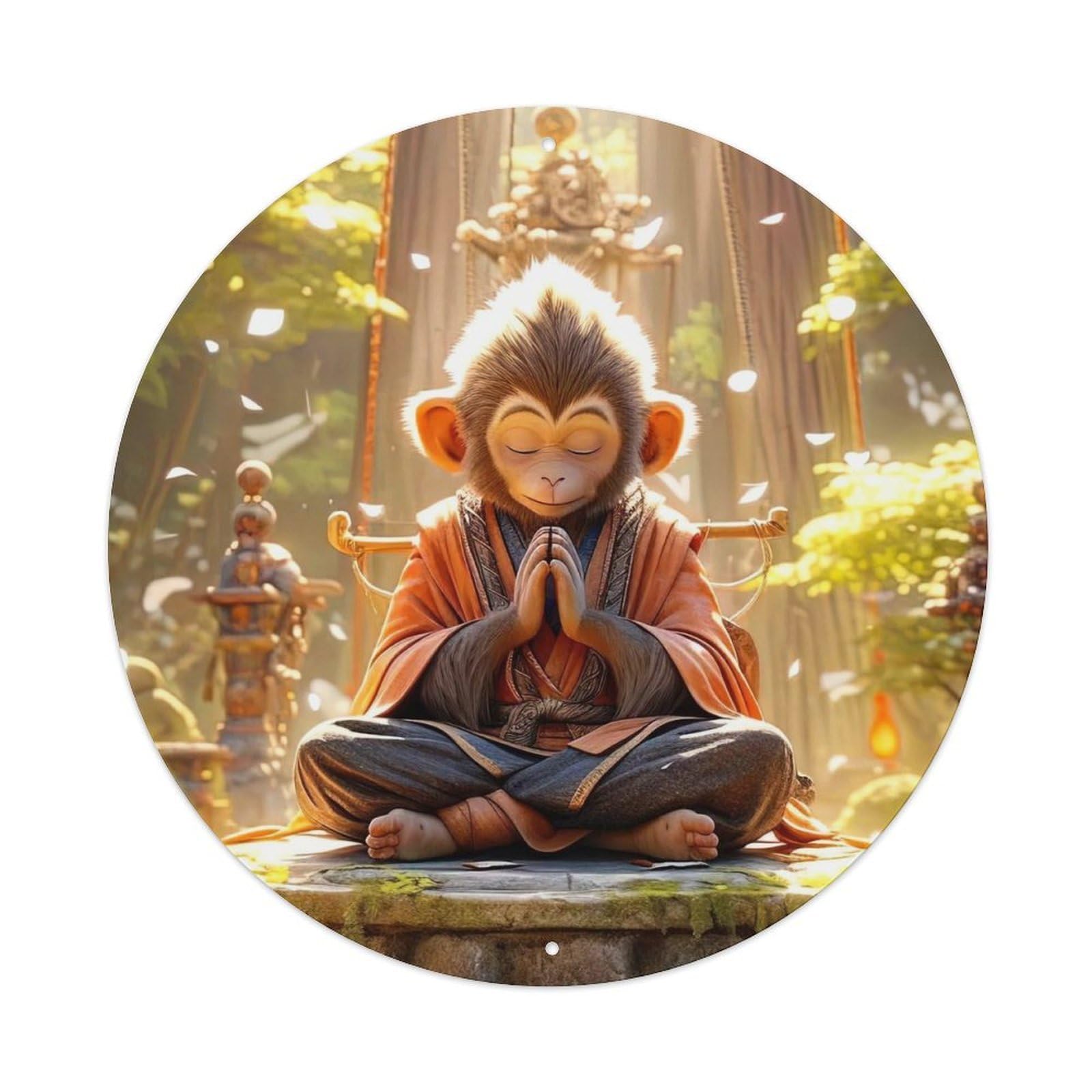 Animal Artwork Meditating Monkey Vintage Metal Tin Sign Plaque Wall Decor for Cafe, Club, Garden Round Metal Poster 8x8Inch