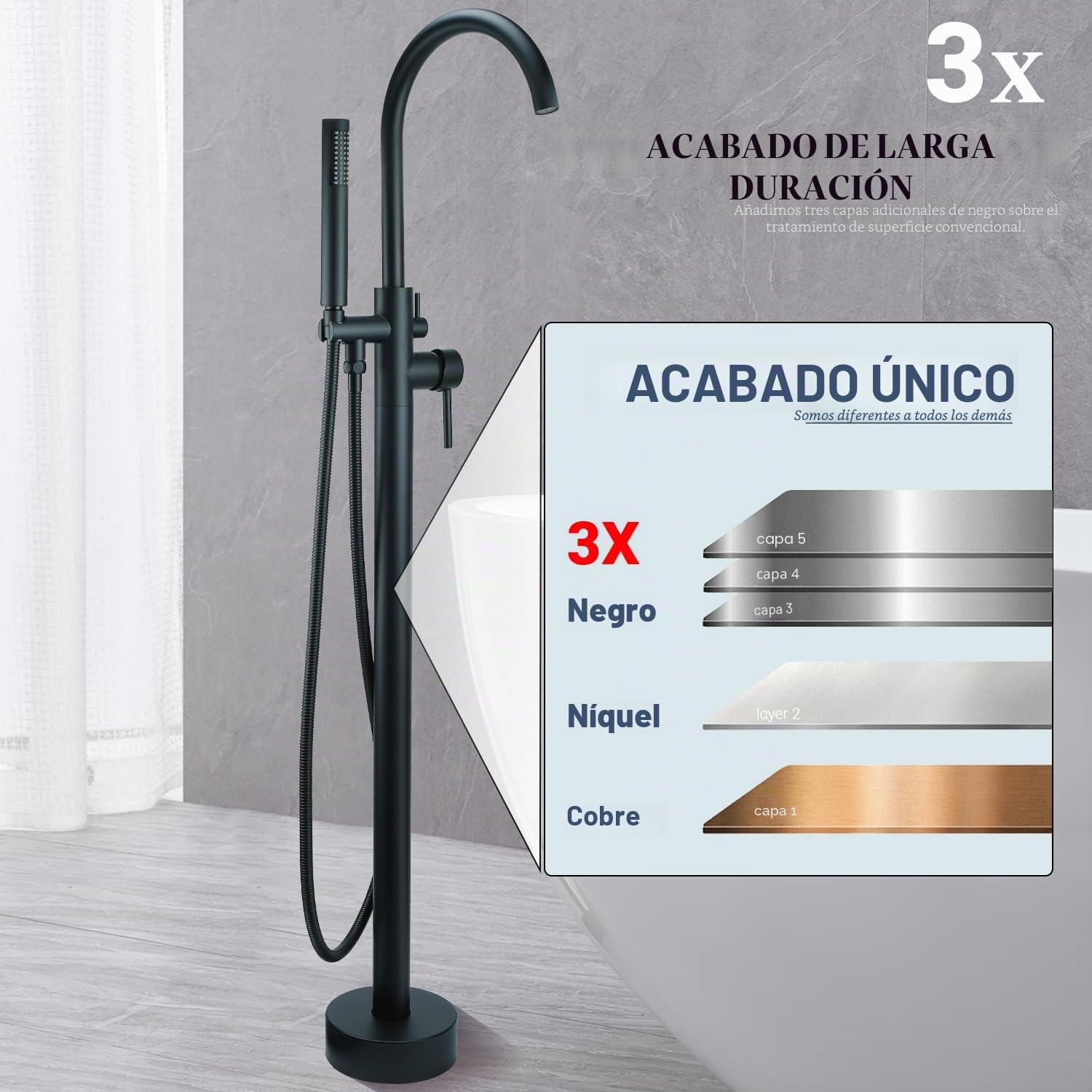 Grifo de bañera independiente, grifo de bañera independiente de montaje en suelo, relleno de bañera independiente de latón, grifo mezclador de ducha de alto flujo, negro mate