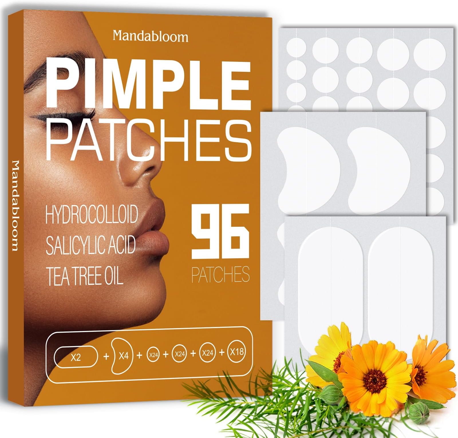 Mandabloom Acne Pimple Patches Set, 6 Sizes 96 Patches for Large or Spot Zit