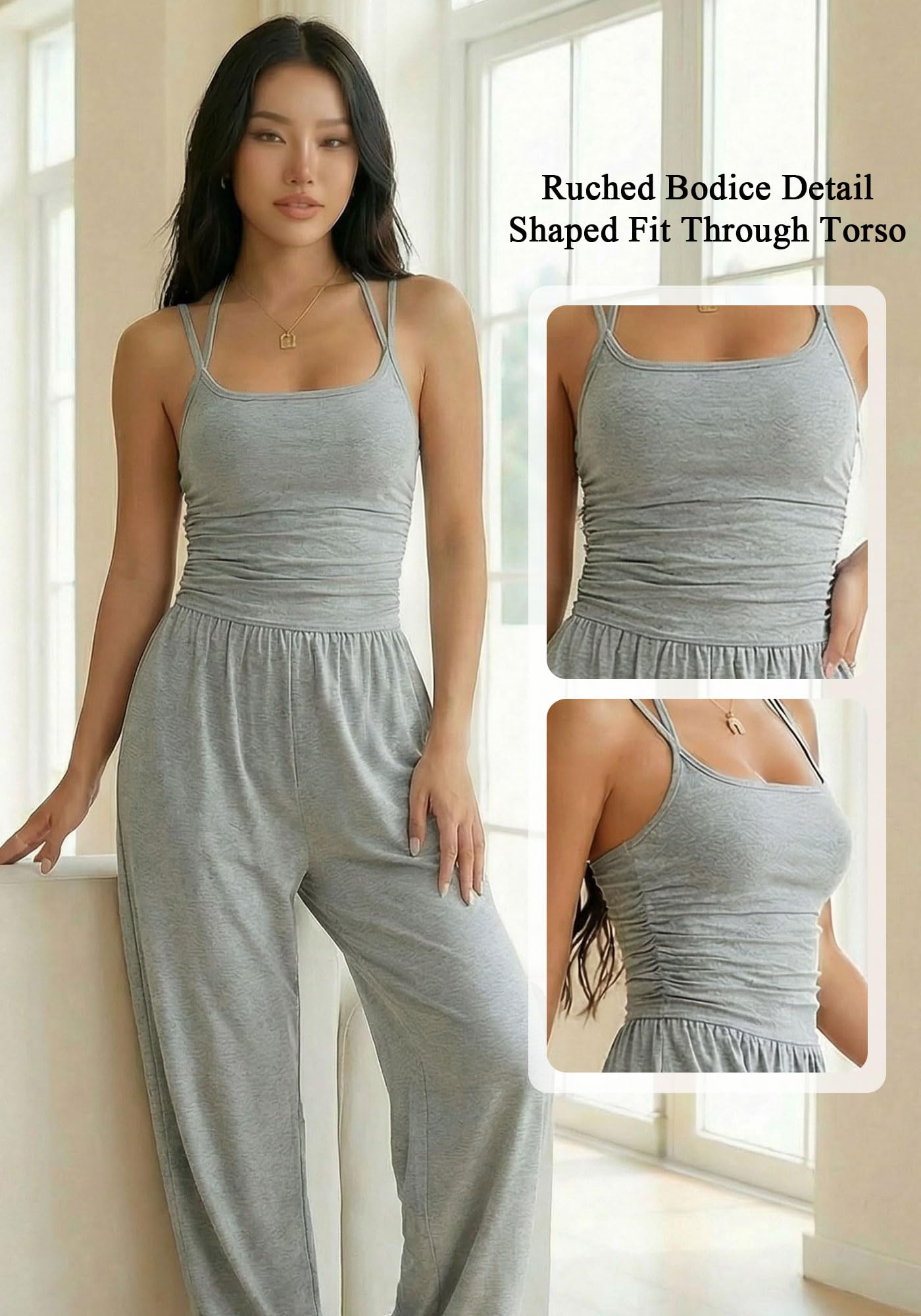 Damen Jumpsuit One Piece Outfit mit weitem Bein, Rückenfrei, Ärmellos, Spaghettiträger für Sommer, Urlaub, Freizeit Date