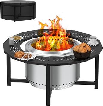 Fire Pit Surround Table Table Solo Stove Bonfire, Tiki, Outdoor Smokeless Fire Pit Table, For Wood Fire Pit, Powder Coated Steel Stove Table Surround with Cover for Solo Stove