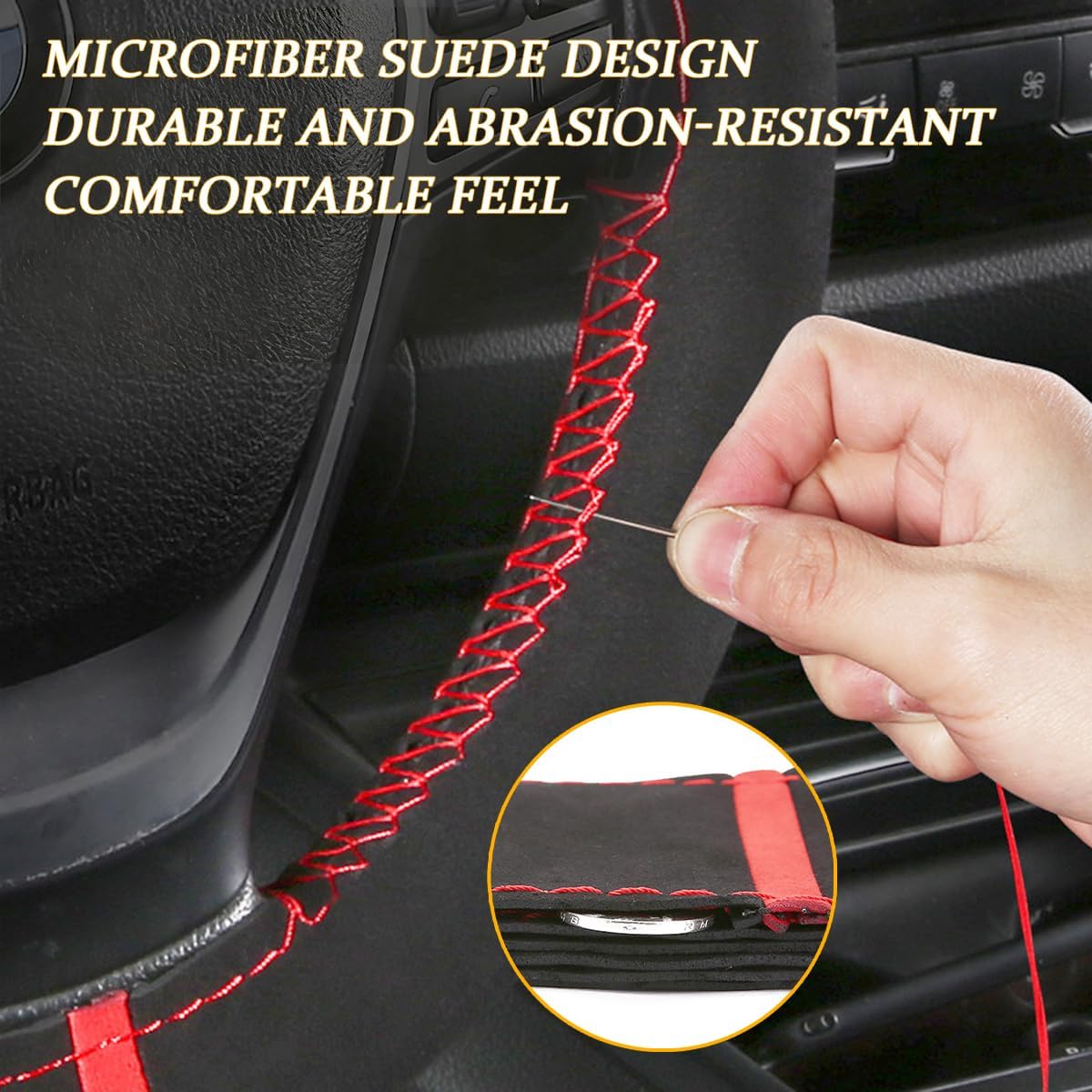 Car Steering Wheel Cover, Stitch On Full Surround Soft Suede Steering Wheel Wrap Guard with Needle & Thread, Comfortable Grip Auto Interior Accessories, Universal for Vehicle (Black/Red)