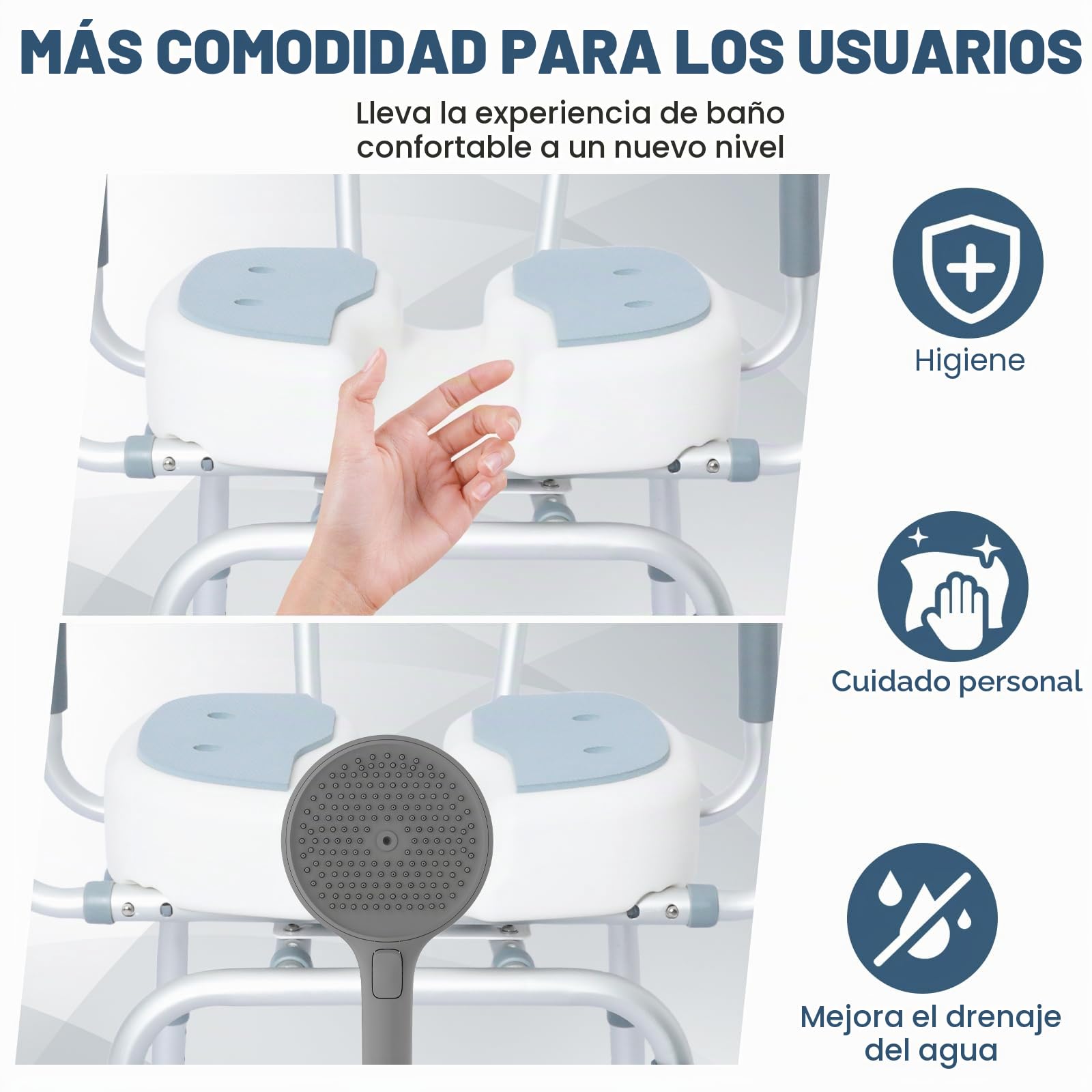 Silla de Ducha Giratoria 360°, Taburete de Ducha para Personas Mayores Altura Ajustable Asiento Ducha con Respaldo y Apoyabrazos Máx. 136kg