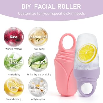 3 Pack Ice Roller for Face, Facial Ice Roller Silicone Mold Reusable for Face Women and Eye Neck Cold Skin Care Tools Freezer De Puff Eye Bags Reduce Migraine Pain Pink 1 + Purple 2