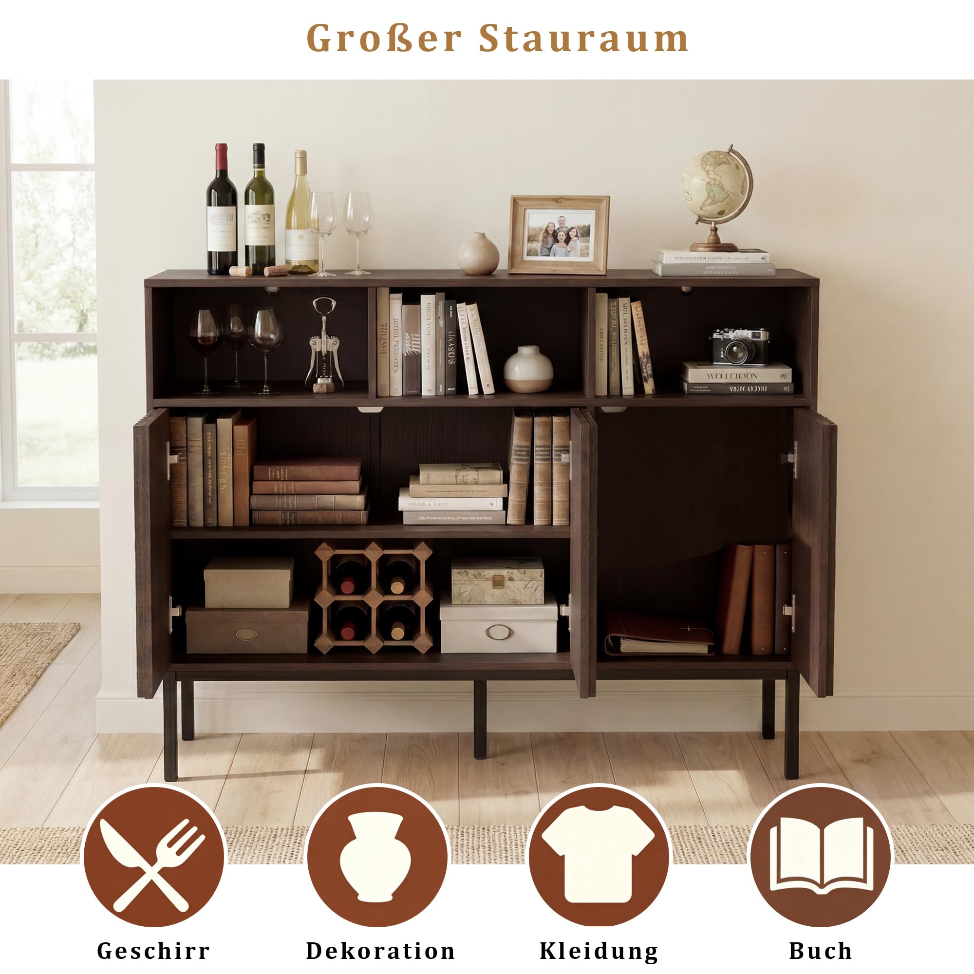 UEV Sideboard mit 3 Türen, 105 x 39 x 80cm, Aufbewahrungsschrank Küchenschrank, Kaffeebar Schrank für Wohnzimmer Schlafzimmer Flur Küche