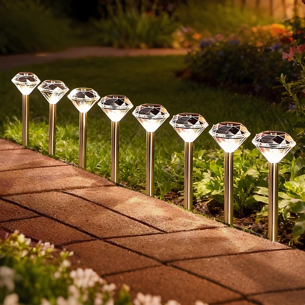 WRQIOO 8pcs Diamond Solar Lights, Solar Lights Outdoor Garden Stake, Waterproof Pathway S-olar Stake Lig-hts for Yard, Patio, Fence, Garden Decorations