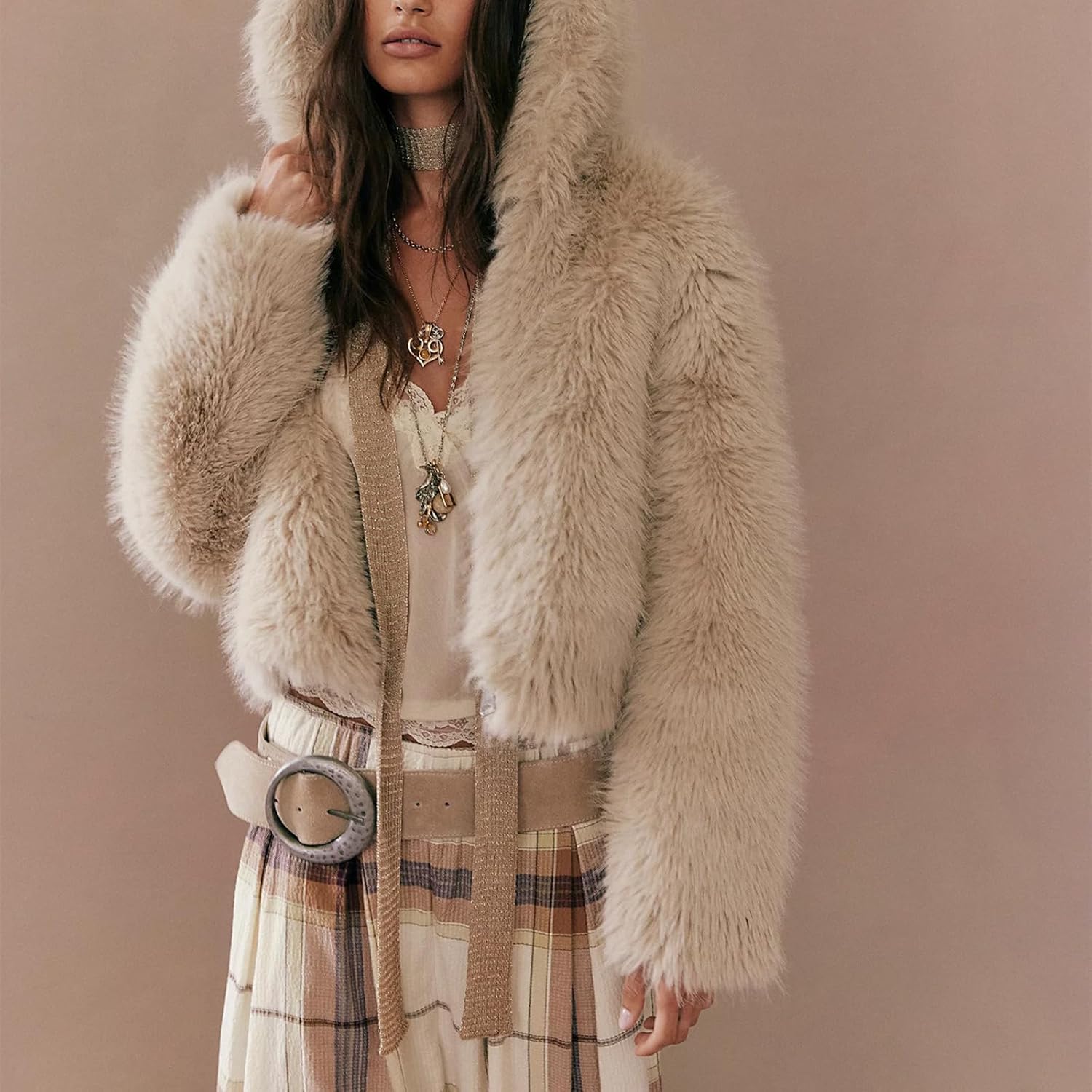 Karwuiio Women Faux Fur Coat Fluffy Long Sleeve Zip Hooded Open Front Shaggy Jacket Warm Short Outwear - Image 7