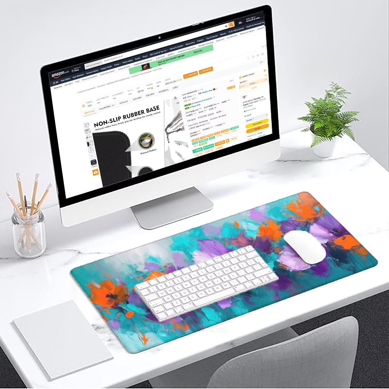 Podkładka pod mysz dla graczy fioletowa podkładka pod mysz XXL 1600 x 800 mm mata biurkowa podkładka pod mysz kwiaty wodoodporna akcesoria biurowe do gier szyte krawędzie poprawia precyzję i szybkość