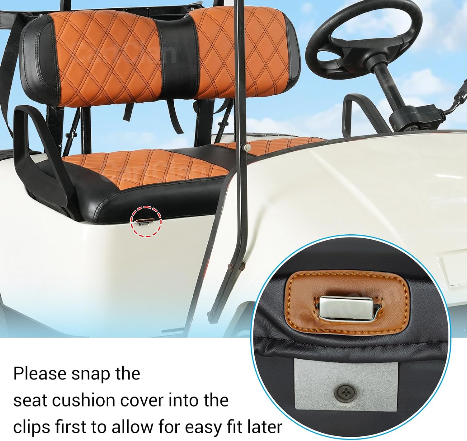Golf Cart Diamond Seat Covers Kit Suitable for EZGO TXT Standard Front Seat Cushion, Golf Cart Front Seat Covers Kit No Drilling & Waterproof (Brown PVC Leather & Black Stitching)