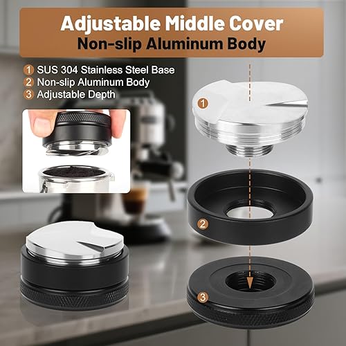 Vista 4 de Kit de manipulación de café expreso de 2.283 in – manipulador de café con resorte, nivelador distribuidor de espresso de profundidad ajustable