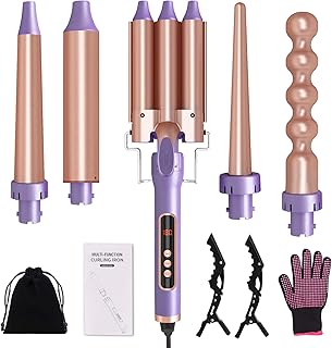Hair Curling Iron, 5 in 1 Curling Wands Set with Interchangeable Barrel 0.35''-1.3'', 30s Heat Up, LCD Display /180-450°F Temp Adjustment, Glove & 2 Hair Clips, (Champagne Gold with Purple)