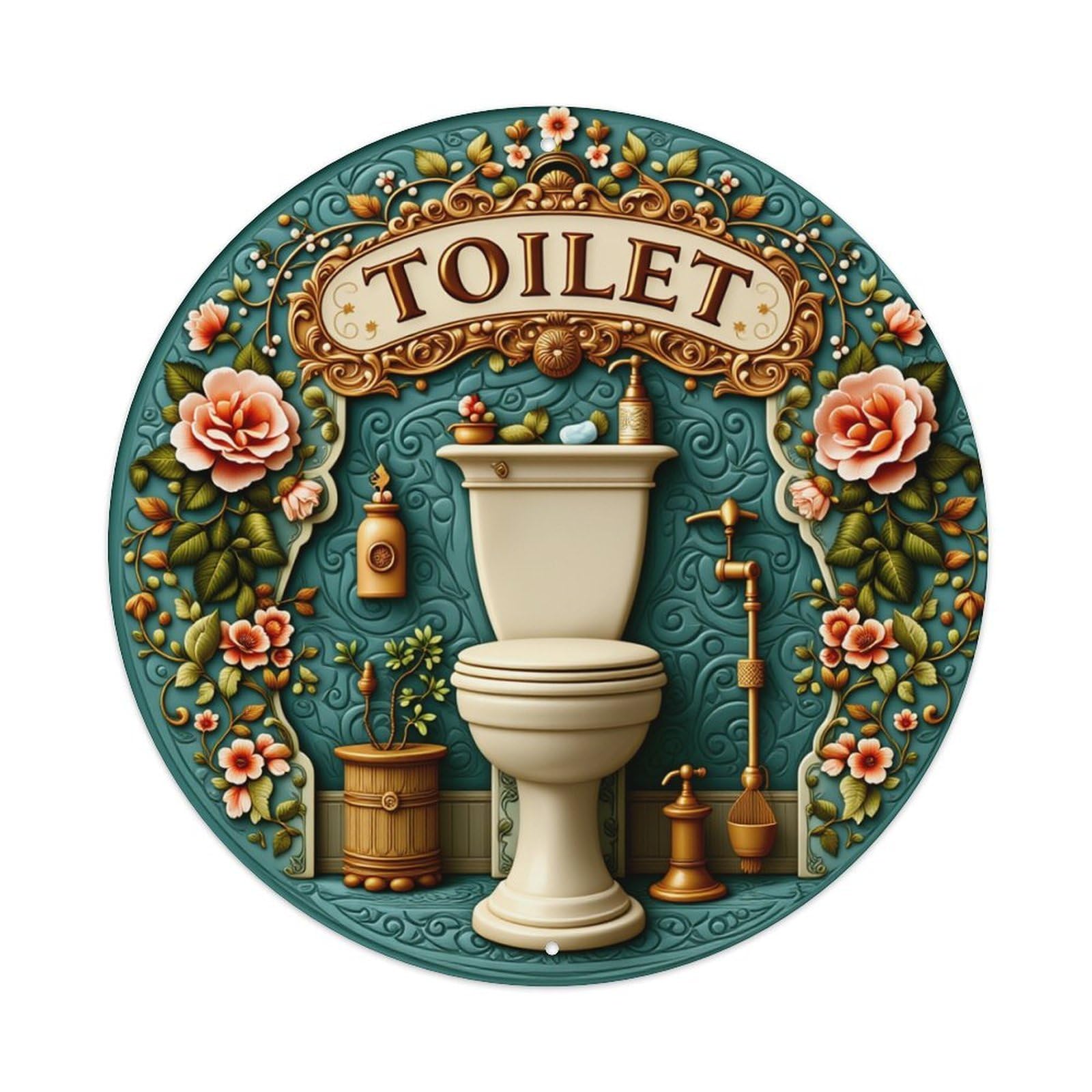Floral Ornate Toilet Decorative Round Tin Sign Retro Metal Sign for Cafe Bar Pub Home Game Room Gym Club Wall Decoration Vintage Metal Poster 8x8 Inch