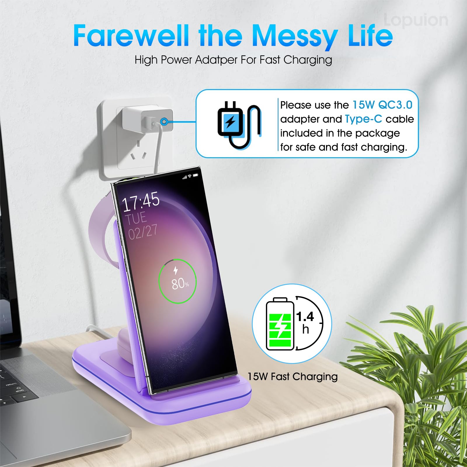 Station de charge sans fil pour Samsung/Android, station de charge rapide sans fil compatible avec Samsung Galaxy S26 Ultra/S25/S24+/Z Flip 7/6 Fold 7/6, Watch8/7/Pro/Active 2 Galaxy Buds3/2 Pro