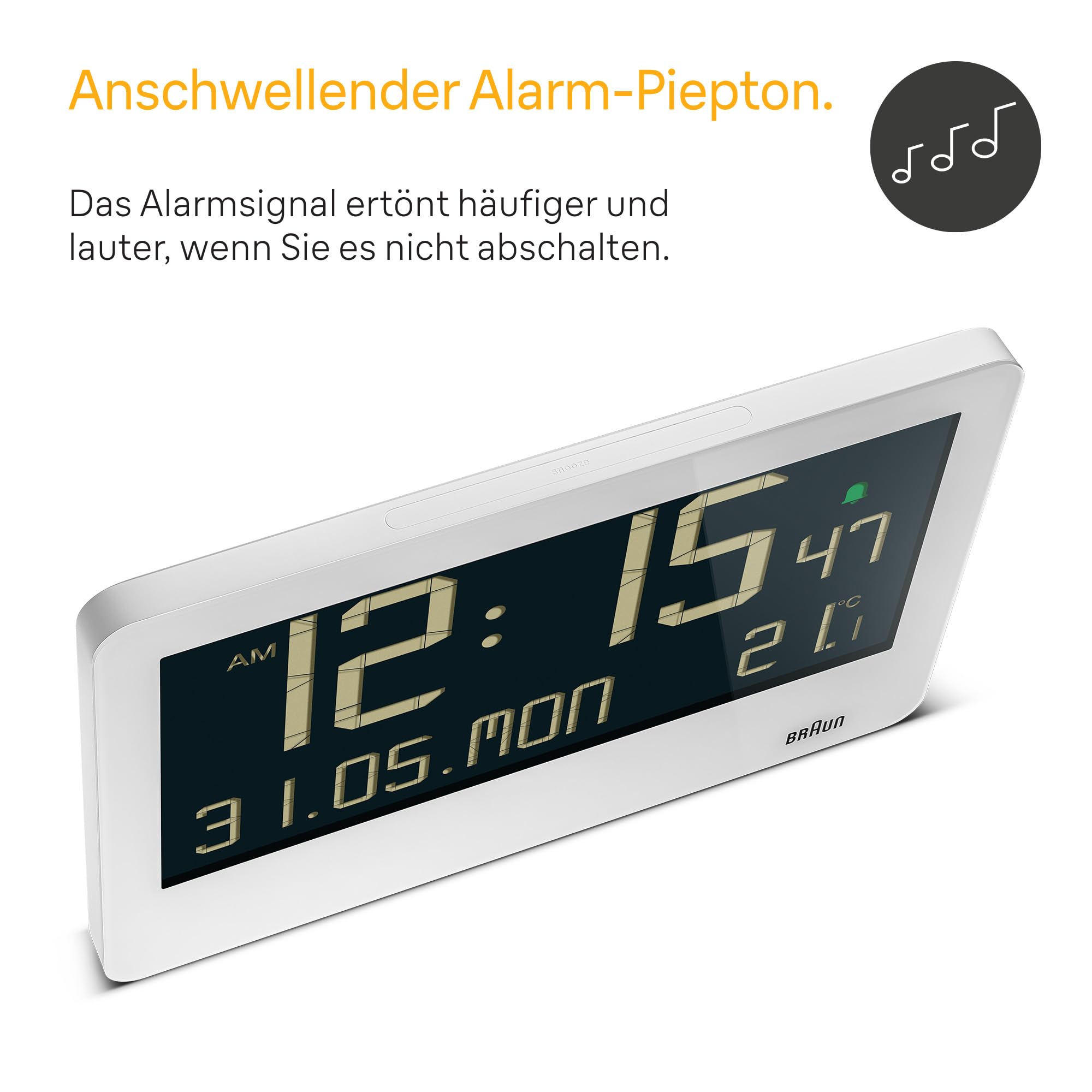 Braun Digitale Wanduhr mit Innentemperatur, Datum, Wochentag, großem umgekehrtem LCD-Display, Schnelleinstellung, Piepton-Alarm in Weiß, Modell BC14W.