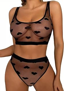 PARUPRUP Women's Sexy Mesh Sheer Lingerie Sets Naughty Heart Print Babydoll Ultra-Thin Lace High Waist Underwear Cute Love Pattern Details Stretchy Bodysuit Sleepwear Bra Crop Top + Panties Valentine Gift