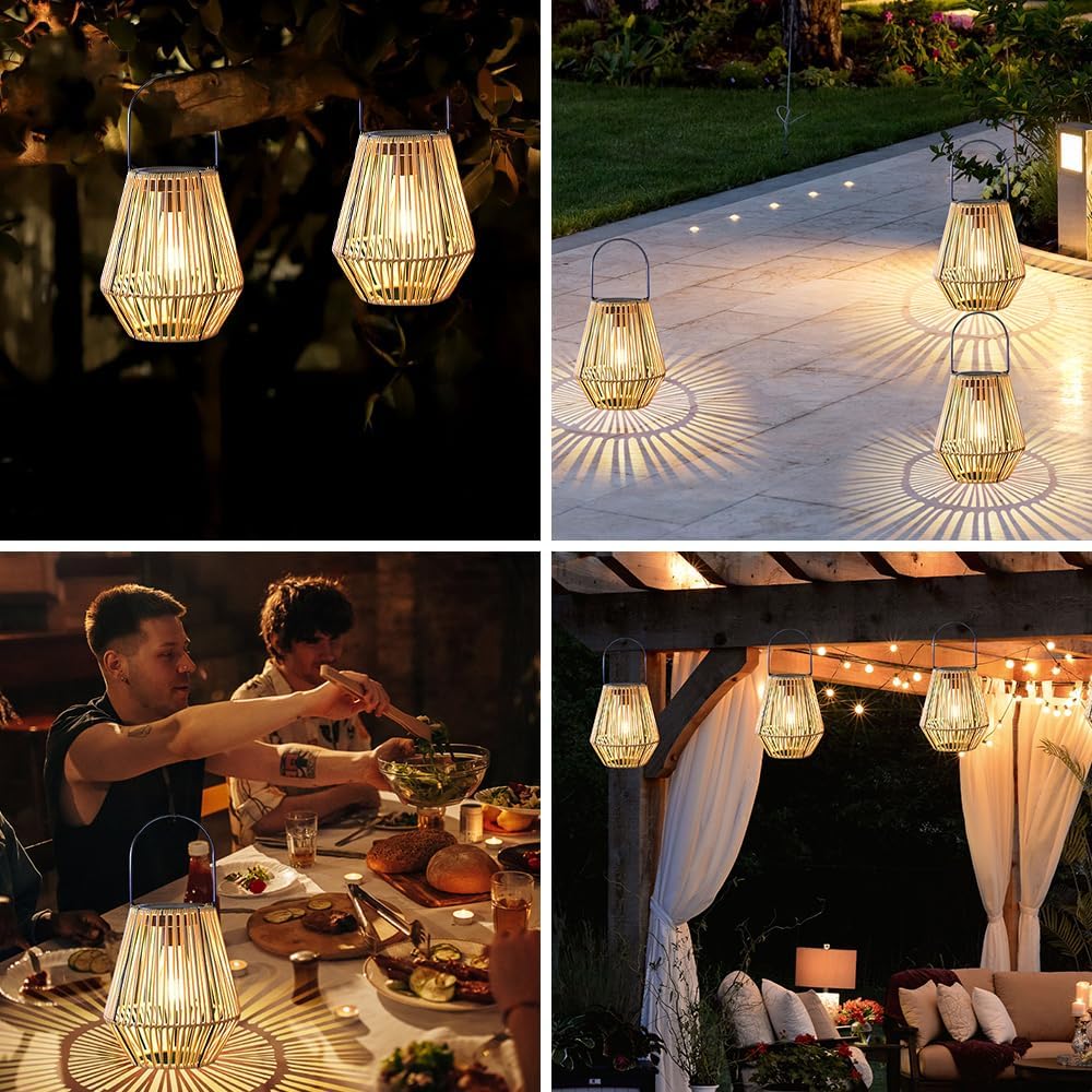 Lanterna Solare per Esterni, 2 Pezzi Lanterna Solare Rattan, LanternaSolare da Esterno Rattan, IP65 Impermeabile Lanterna SolareEsterno per balcone, terrazza, decorazione del Giardino