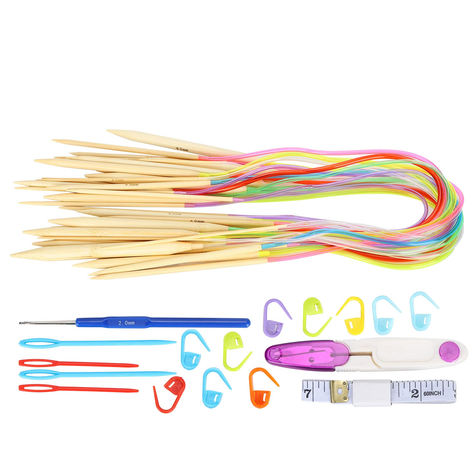 Ejoyous Set di Ferri da Maglia Circolari in bambù da 18 Pezzi, Aghi a Doppia Punta Durevoli, Perfetti per Progetti di Maglieria di Qualsiasi età (Borsa accessori da 60 cm+)