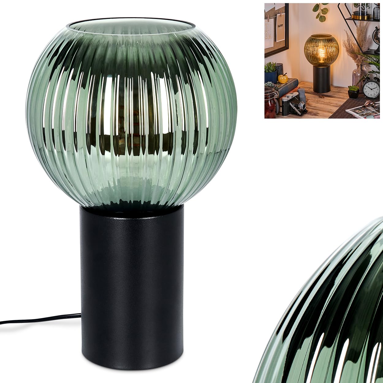 Lampe de table Koyoto HOFSTEIN, en métal/verre ondulé noir/vert, lampe au design rétro/vintage avec abat-jour en verre (Ø 20 cm), E27, salon, chambre à coucher, salle à manger, couloir, bureau