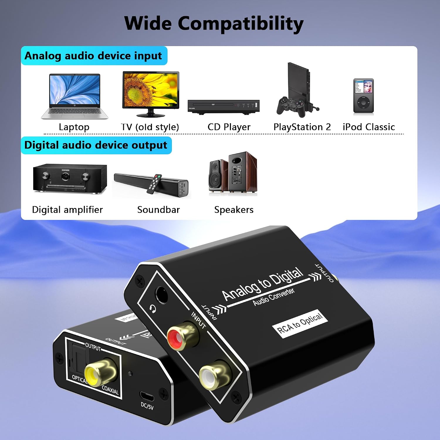 Analog to Digital Audio Converter, RCA to Optical Converter, RCA/3.5MM to Toslink and Coaxial Adapter, 48kHz/24bit PCM LPCM Stereo ADC for PS5/PS4/DVD/TV/CD/Game Console/Soundbar/Headphone