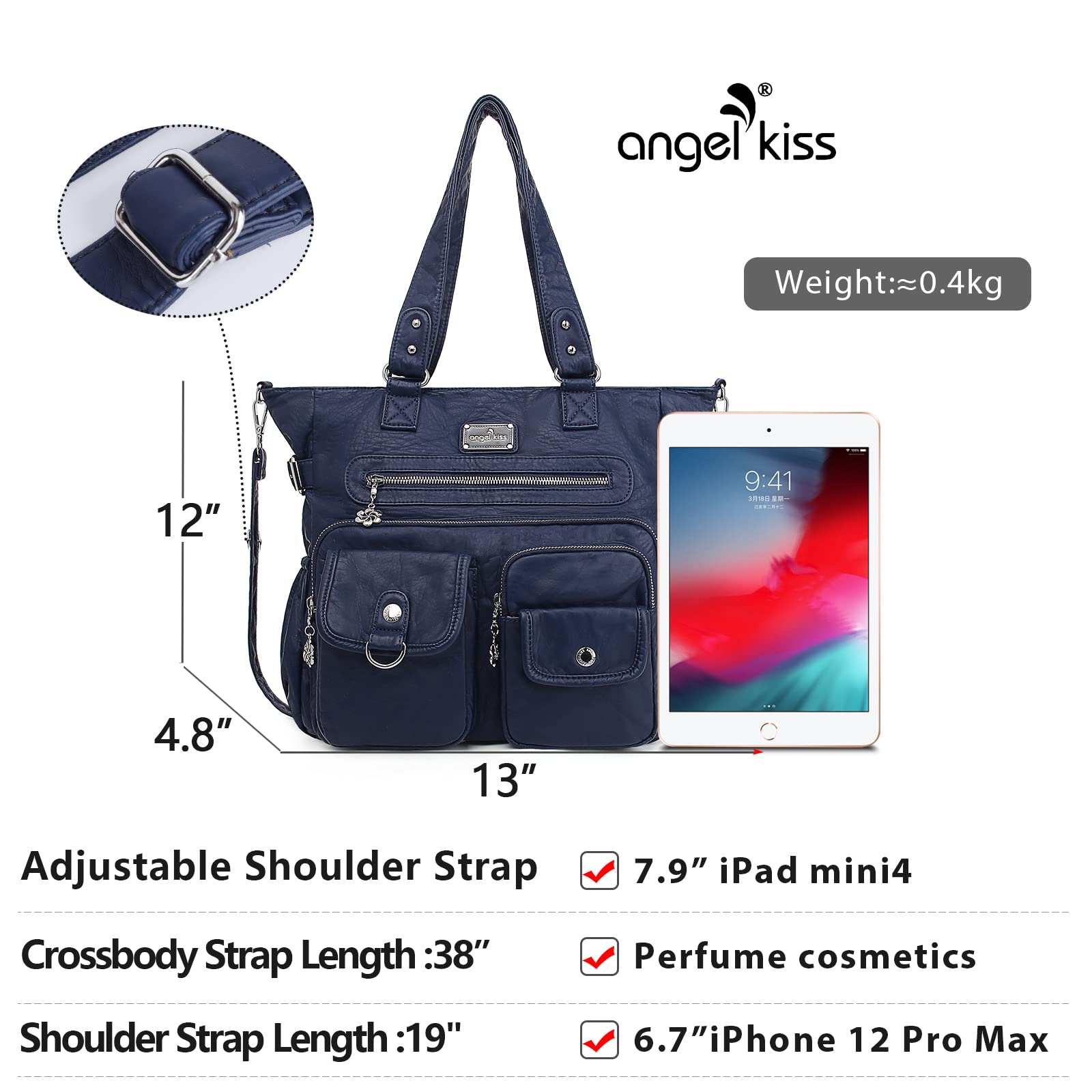 Angelkiss - Bolsos de mano para mujer, de poliuretano, con bolsillos, para hombro | Poliuretano