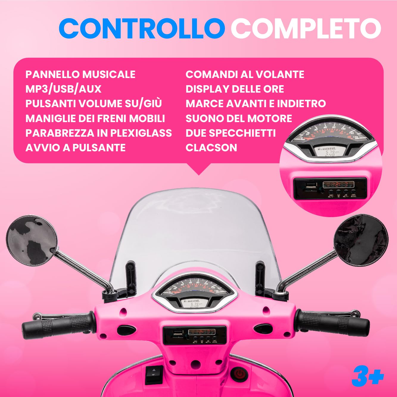 Moto elettrica per bambini Vespa, Motocicletta con ruote e sedile in plastica, bagagliaio, lettore MP3, presa AUX USD MicroSD (Fuchsia)
