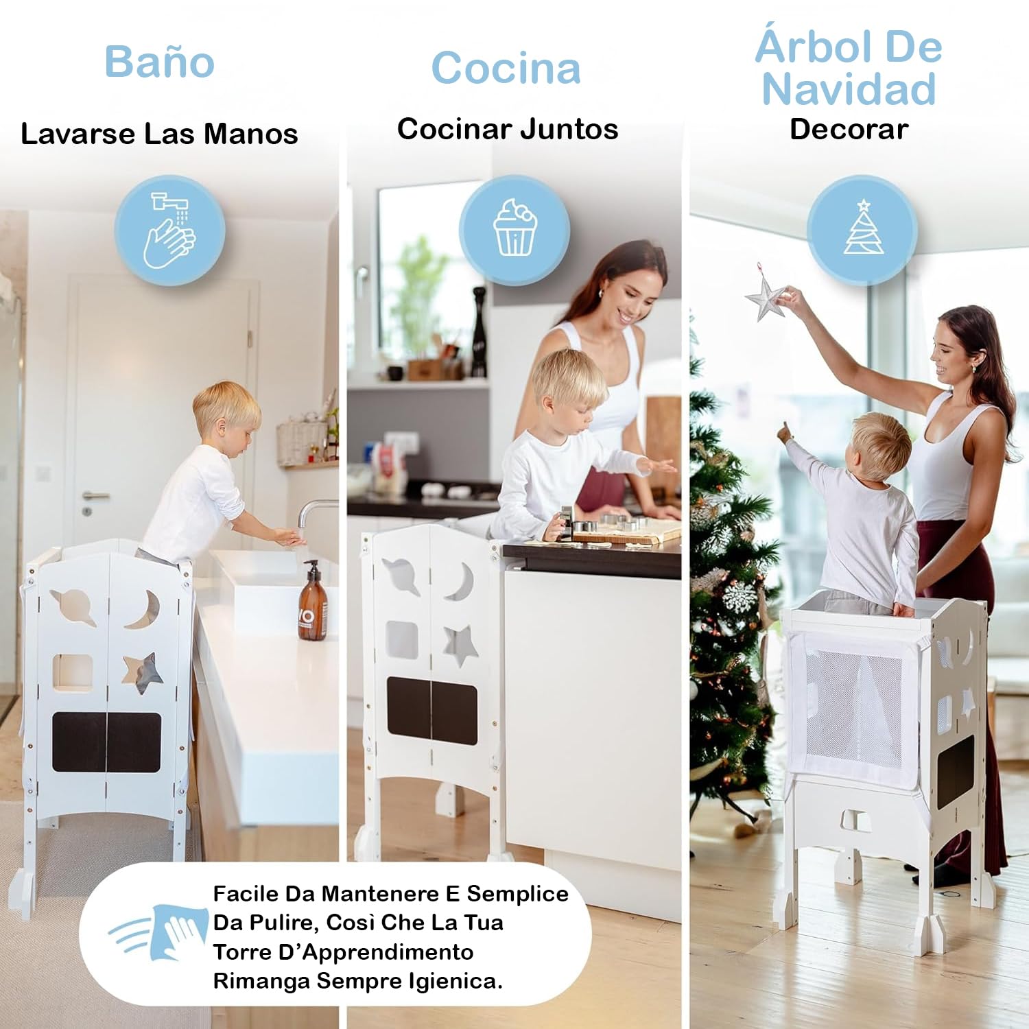 Torre de Aprendizaje Desde 1 año – Torre Plegable con Red de Seguridad de 360° – Learning Tower Extremadamente Estable y Robusta – Entrega preensamblada con protección antivuelco (Blanco)