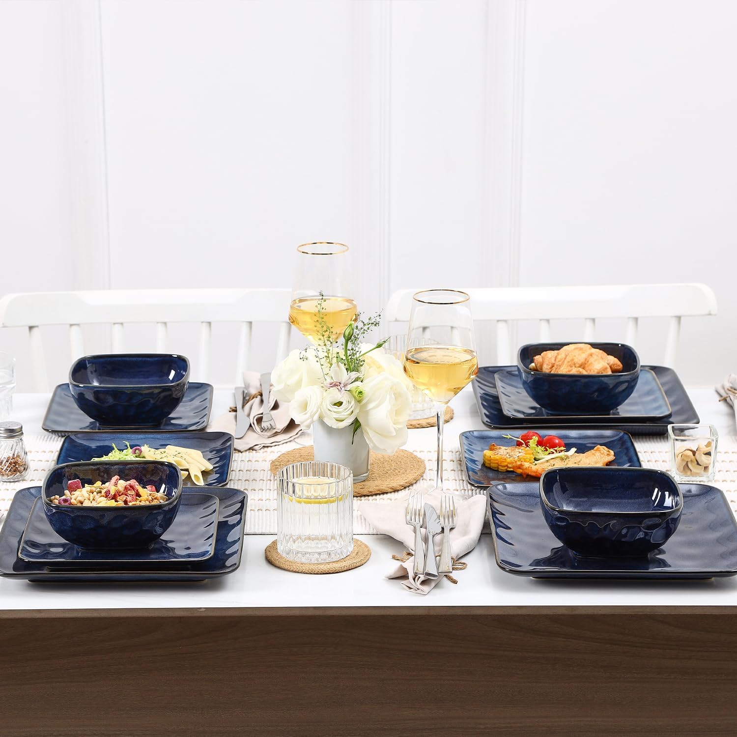 vicrays Ceramic Square 12 Pieces Dinnerware Set - Dinner Plates Salad Plates Cereal Bowls Set Service for 4 - Scratch Resistant Microwave Oven Dishwasher Safe - Blue - Image 4