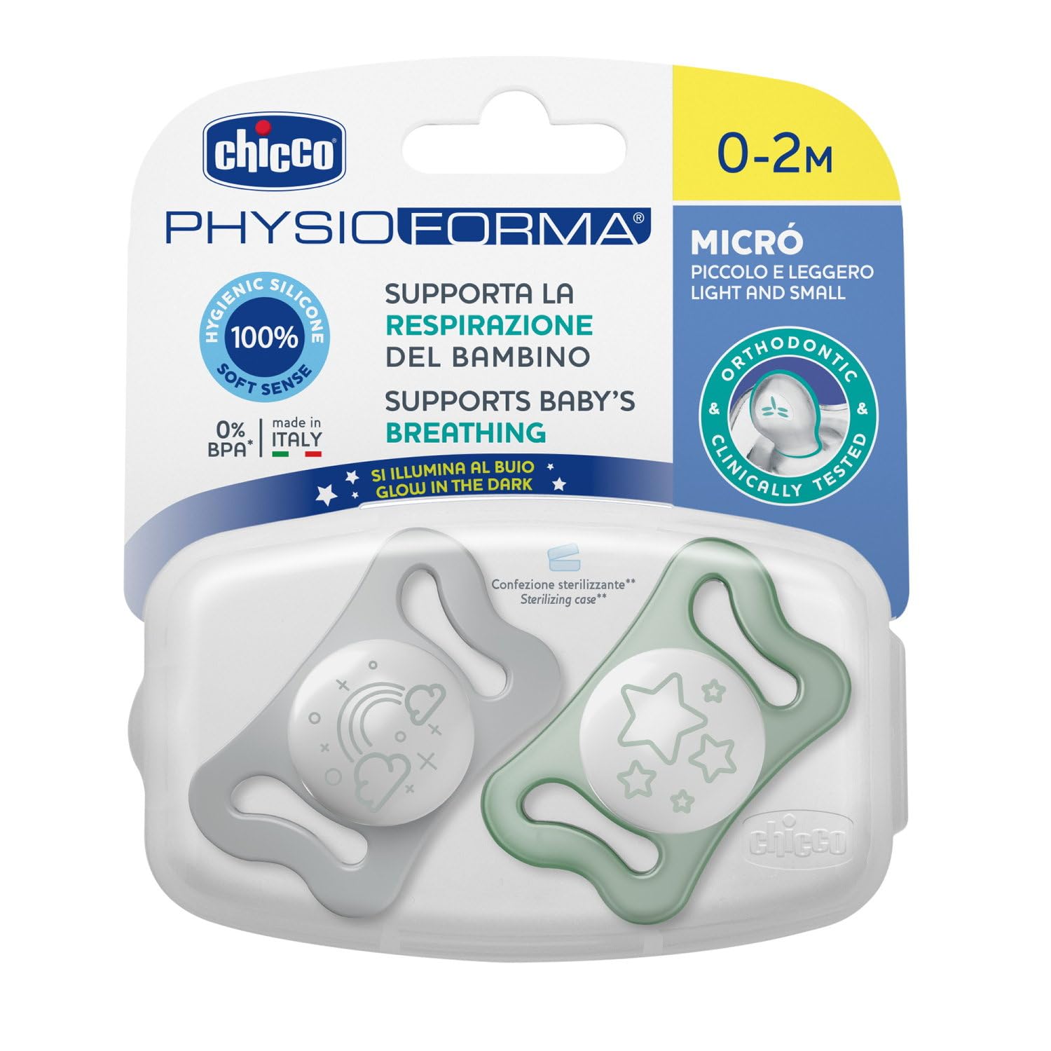 Chicco PhysioForma Micrò Lumi, Succhietto Luminescente per Neonato, 0-2 Mesi, 2 Pezzi, Neutro