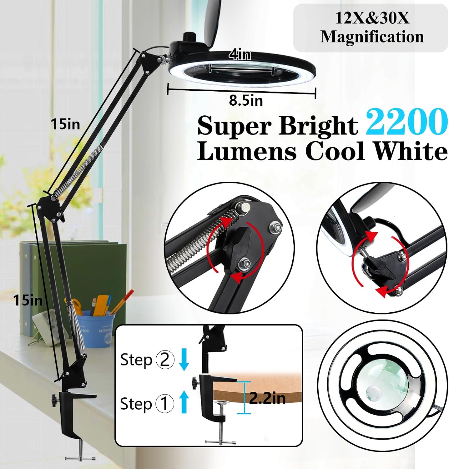 KIRKAS 12X&30X Magnifying Glass with Light,2,200 Lumens LED Magnifying Lamp with Clamp, Stepless Dimmable Real Glass Lens Magnifier, Adjustable Arm Workbench Light for Close Work Sewing Repair- Black