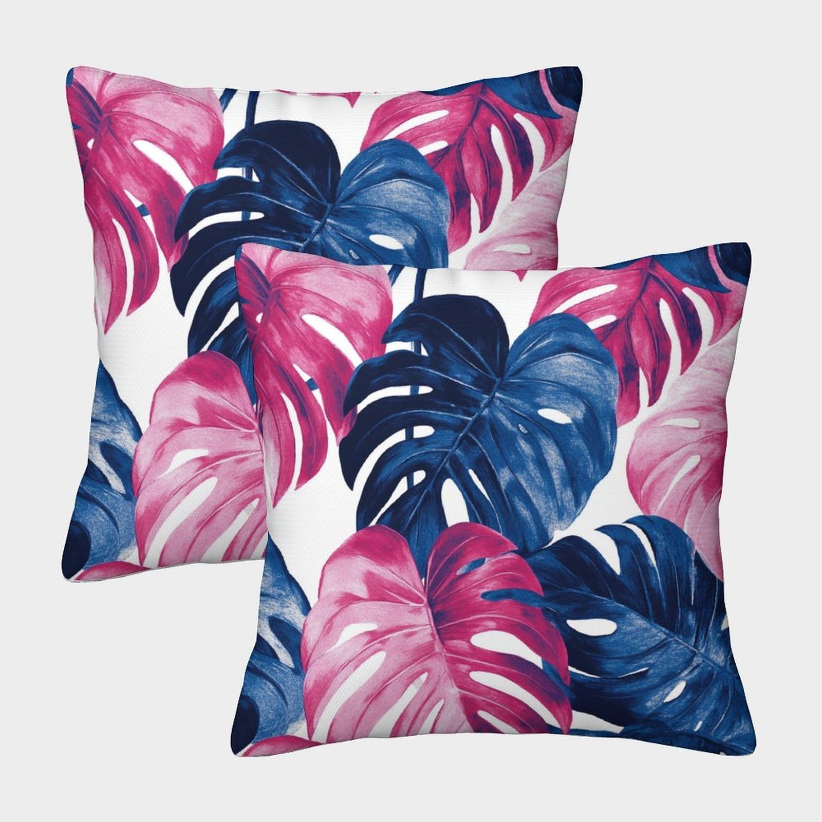 kaiyun 2 Pack Dark Pink And Blue Monstera Leaves Luxury Digital Printed Soft 3D Tropical Plants Themed Square Cushion Cover 45x45cm