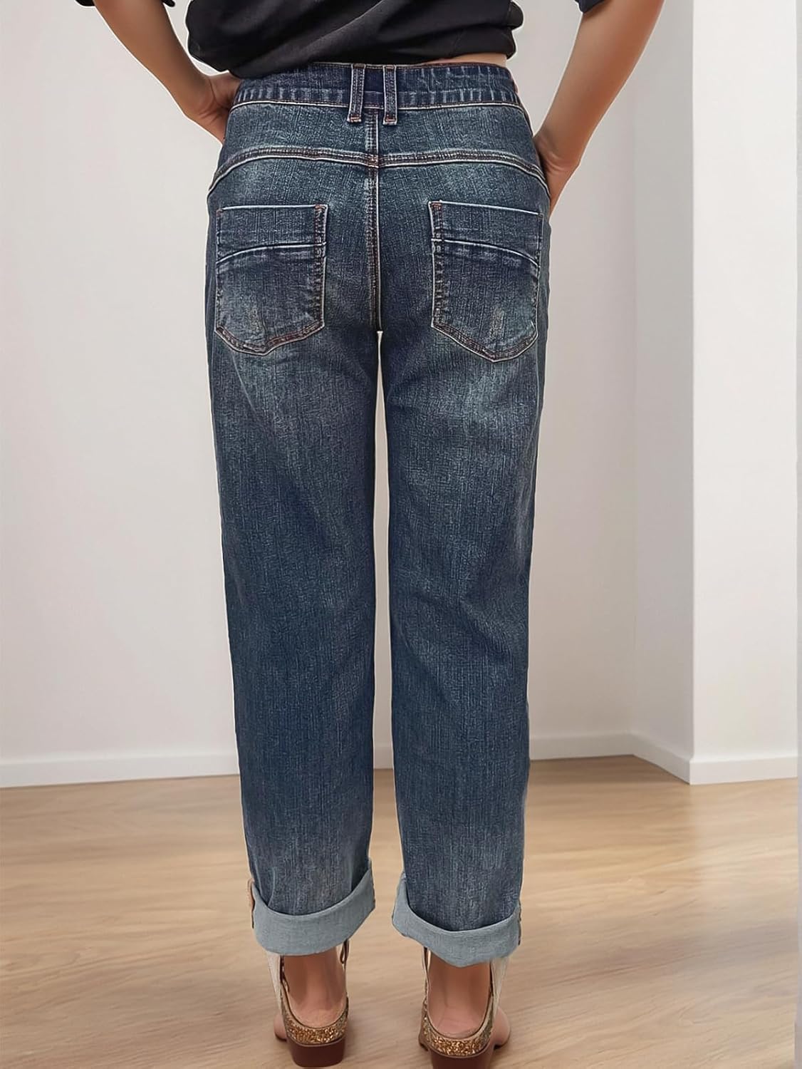 Flamingals Women’s Stretchy Straight Leg Casual Mid Rise Jeans Wash Button Fly Stitch Detail 90s Trendy Denim Jeans