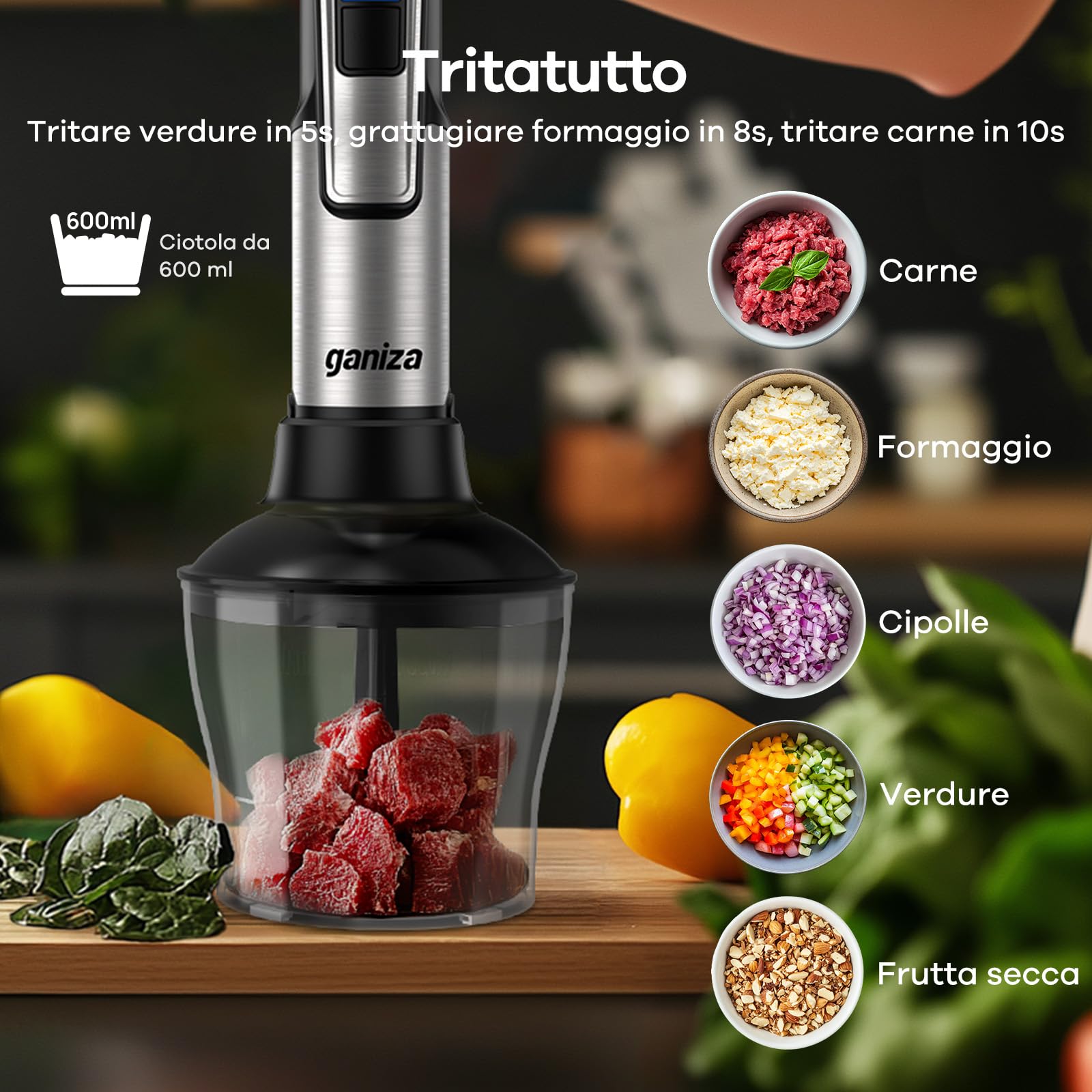 Ganiza Frullatore a immersione 5 in 1, 1200 W con controllo della velocità e modalità Turbo, in acciaio inossidabile, completo di tritatutto, frusta, montalatte e misurino, ideale per zuppe e frullati