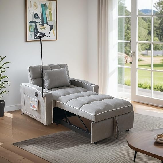 Convertible Sleeper Chair, Pull Out Chair Sleeper with Bracket and Cup Holder, 3 in 1 Sofa Bed Chairs for Adults, Chairs Bed Sleepers for Small Spaces, Living Room, Light Gray