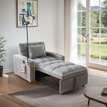 Convertible Sleeper Chair, Pull Out Chair Sleeper with Bracket and Cup Holder, 3 in 1 Sofa Bed Chairs for Adults, Chairs Bed Sleepers for Small Spaces, Living Room, Light Gray