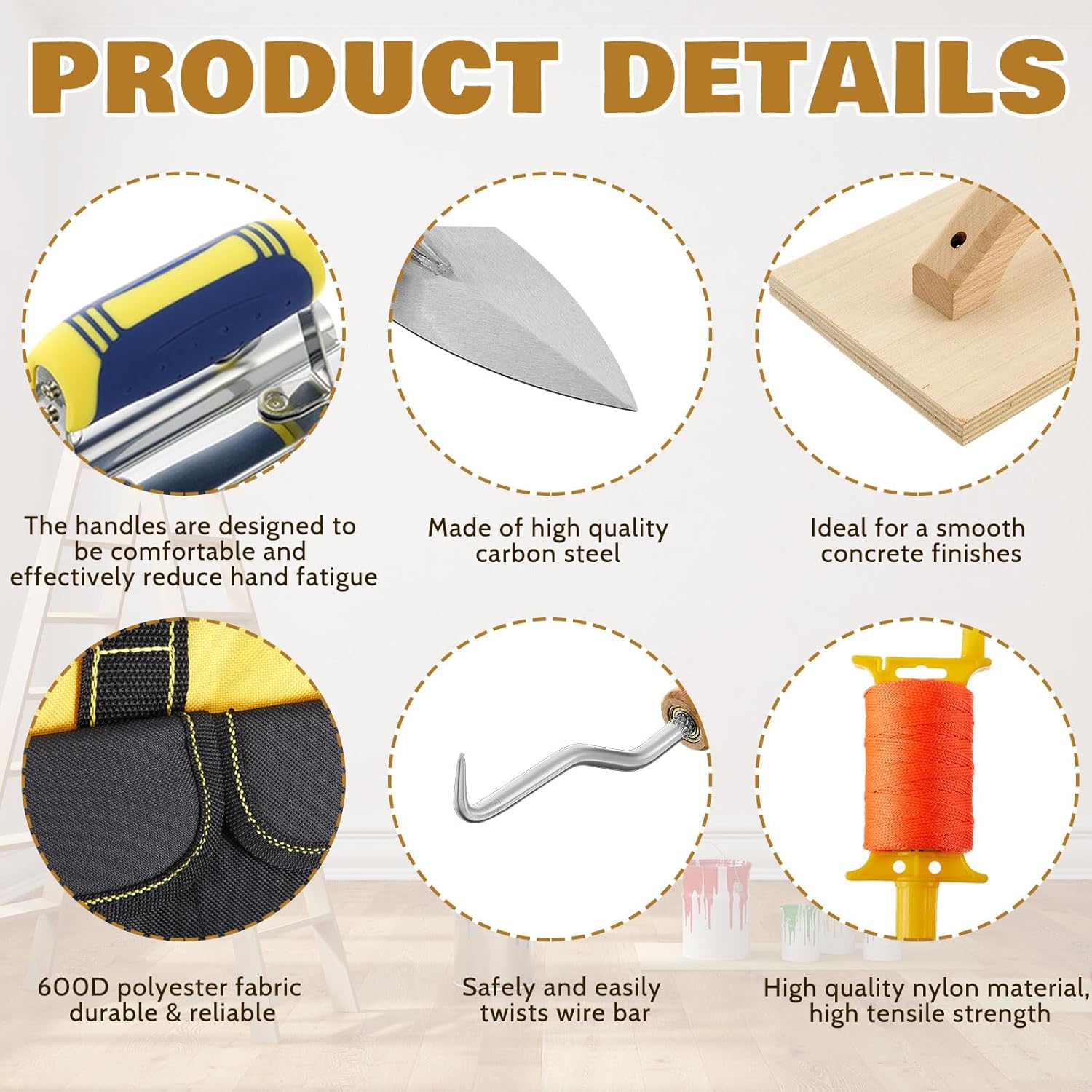 18 Pcs Masonry Trowel Construction Tool Kit with Tool Bag, Includes Putty Knives, Gloves Rebar Hooks, Stainless Steel Tools for Home, DIY, Concrete Masonry Work(Yellow)